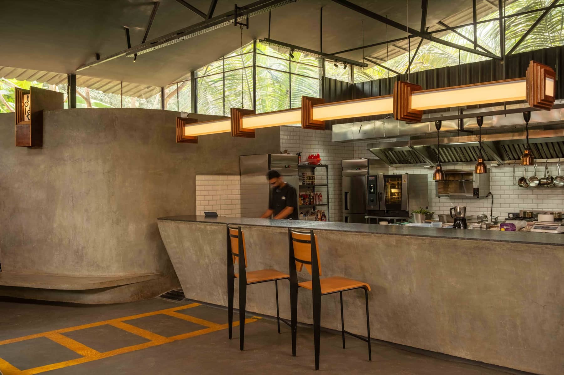 The open kitchen pass seen across the room